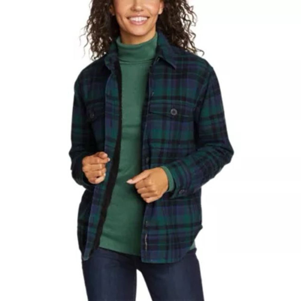 Eddie Bauer Favorite Flannel Faux Shearling-Lined Shacket in Alpine Green